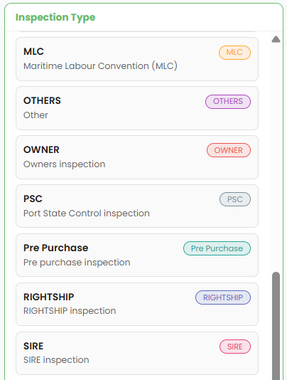 NAVIREGO inspection type selector showing available templates