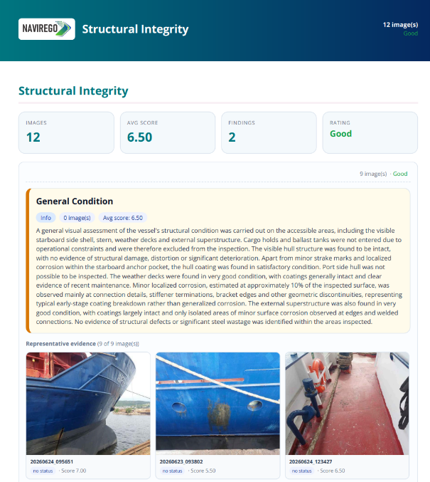 NAVIREGO structural integrity summary with rating, findings and supporting evidence